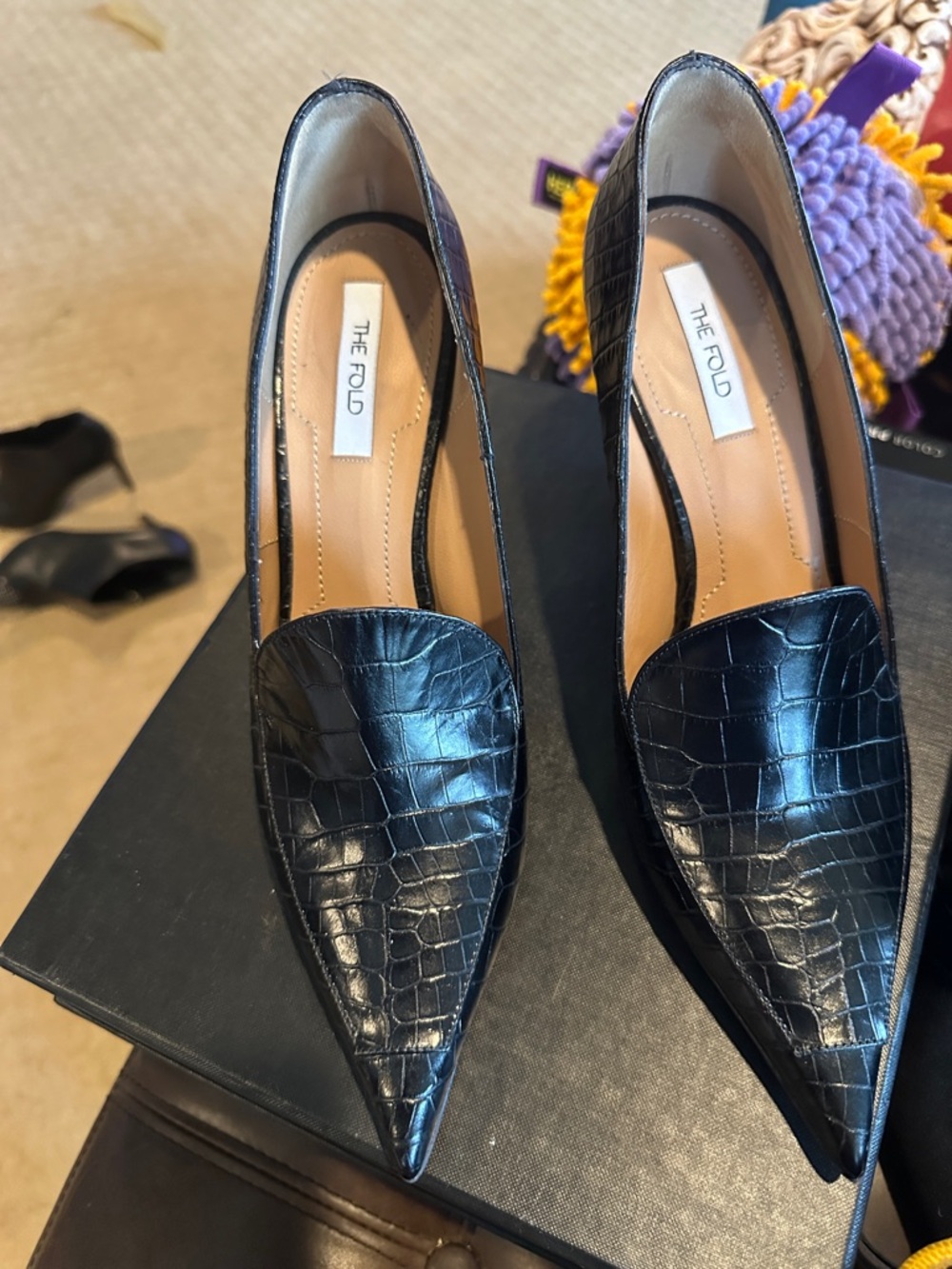 The Fold Black Croc-Embossed Pointed Toe Flats
